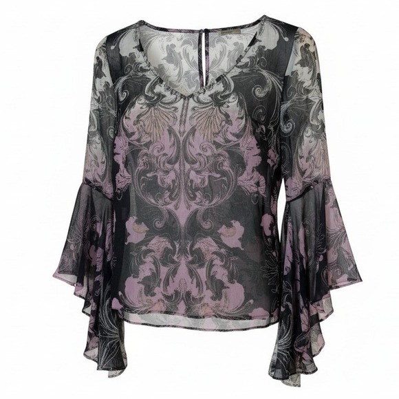 Boston Proper Tops - Boston Proper Women Blouse 2 Black Plum‎ Damask Bell Sleeve Whimsigoth Romantic